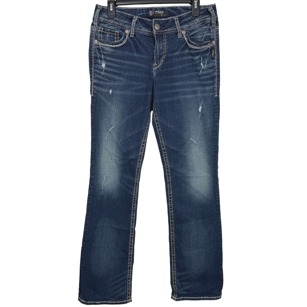 Silver Jeans Co Suki Mid Slim Boot Women 29x33 Blue Excellent Distressed Denim